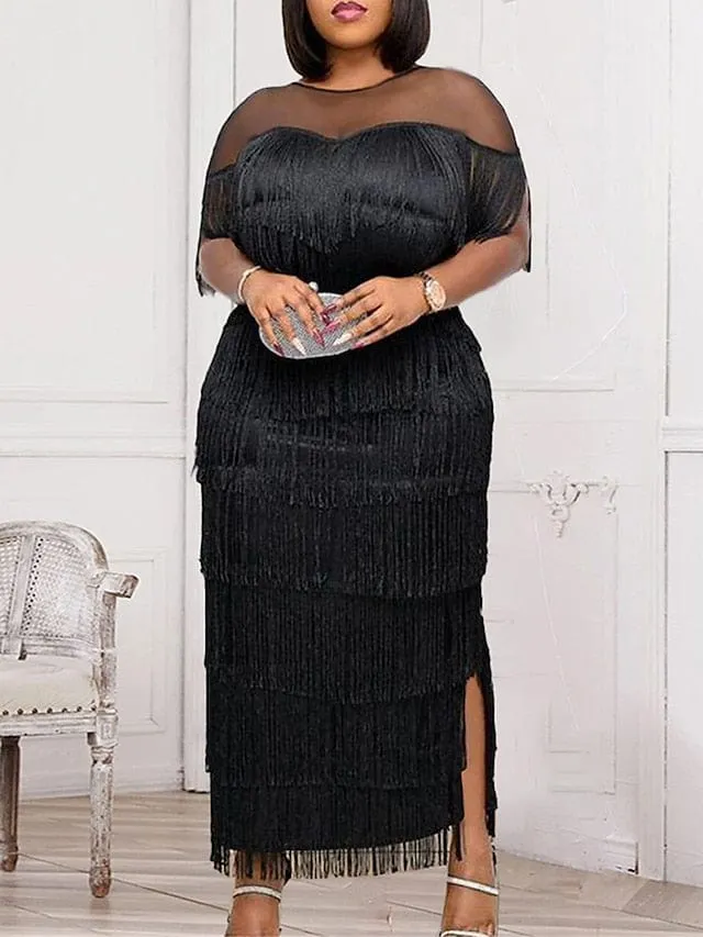 Plus Size Black Sequin Fringe Maxi Dress with V-Neckline