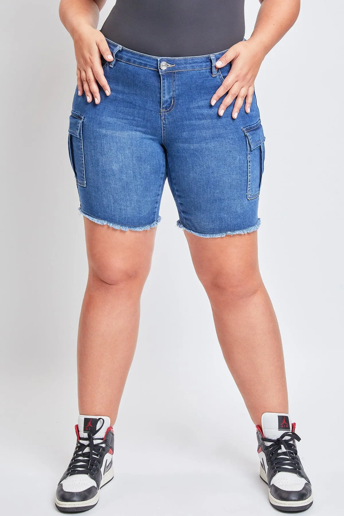 Plus Size Women's Low Rise Frayed Cargo Bermuda Shorts