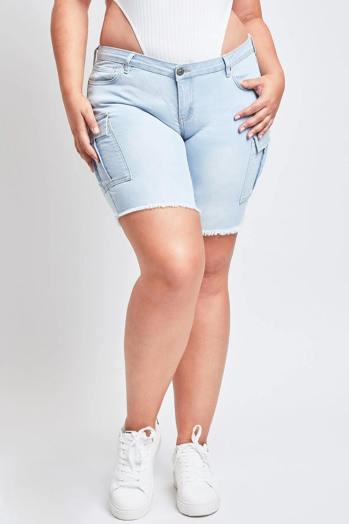 Plus Size Women's Low Rise Frayed Cargo Bermuda Shorts