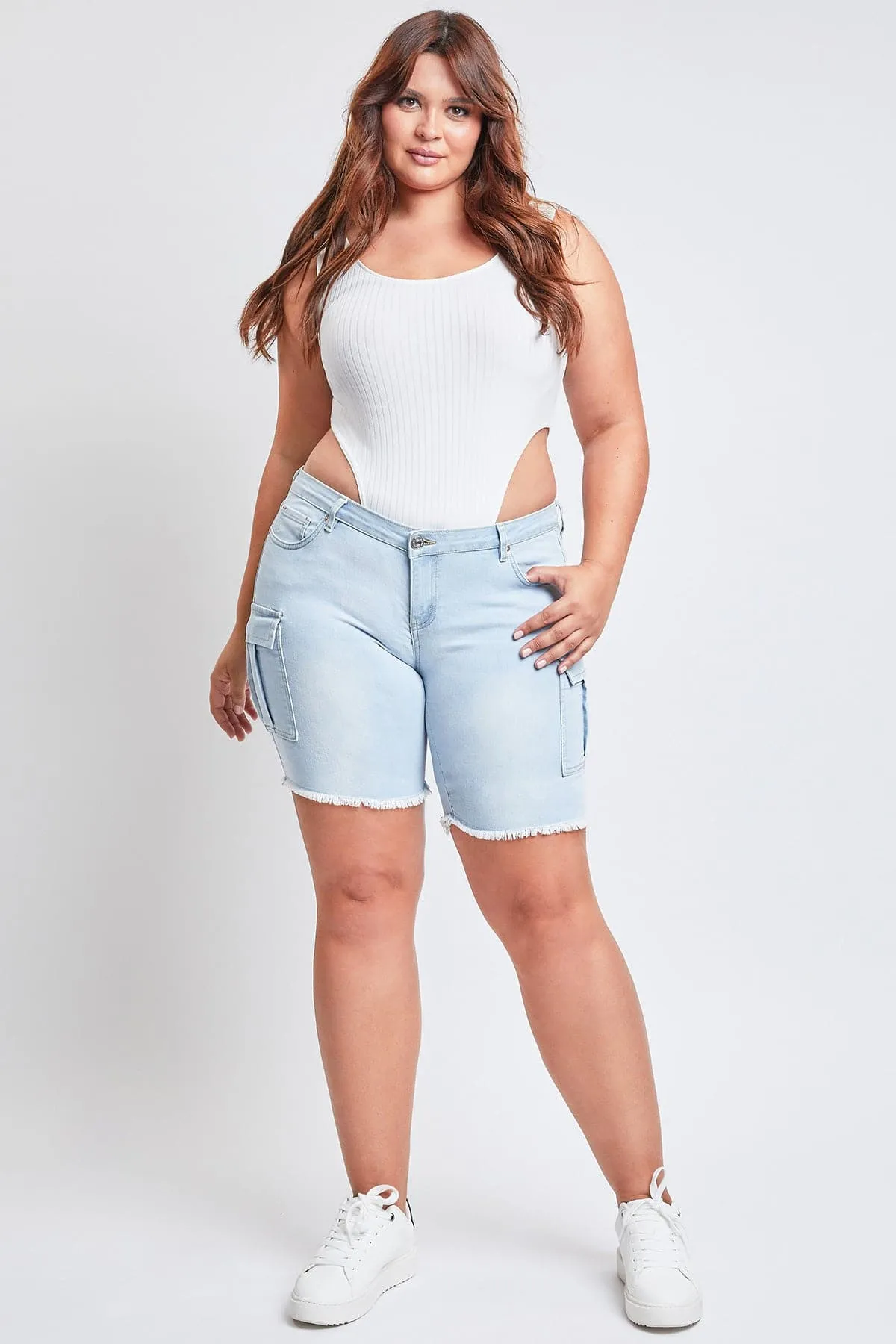 Plus Size Women's Low Rise Frayed Cargo Bermuda Shorts