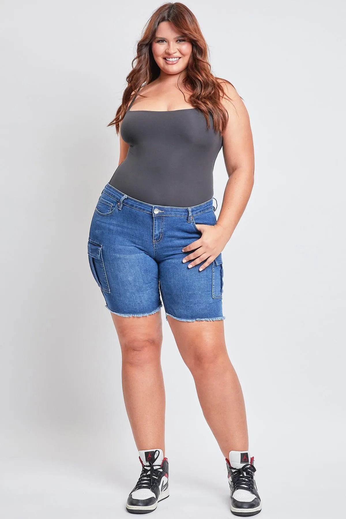 Plus Size Women's Low Rise Frayed Cargo Bermuda Shorts