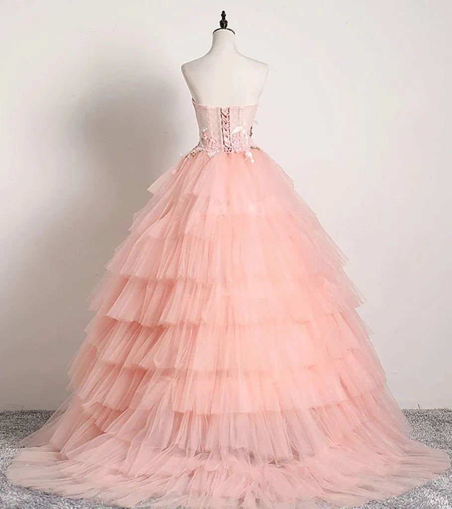 Princess Ball Gown Pink 3D Lace Multi-layered Prom Dresses, Tulle Quinceanera Dresses STK15292