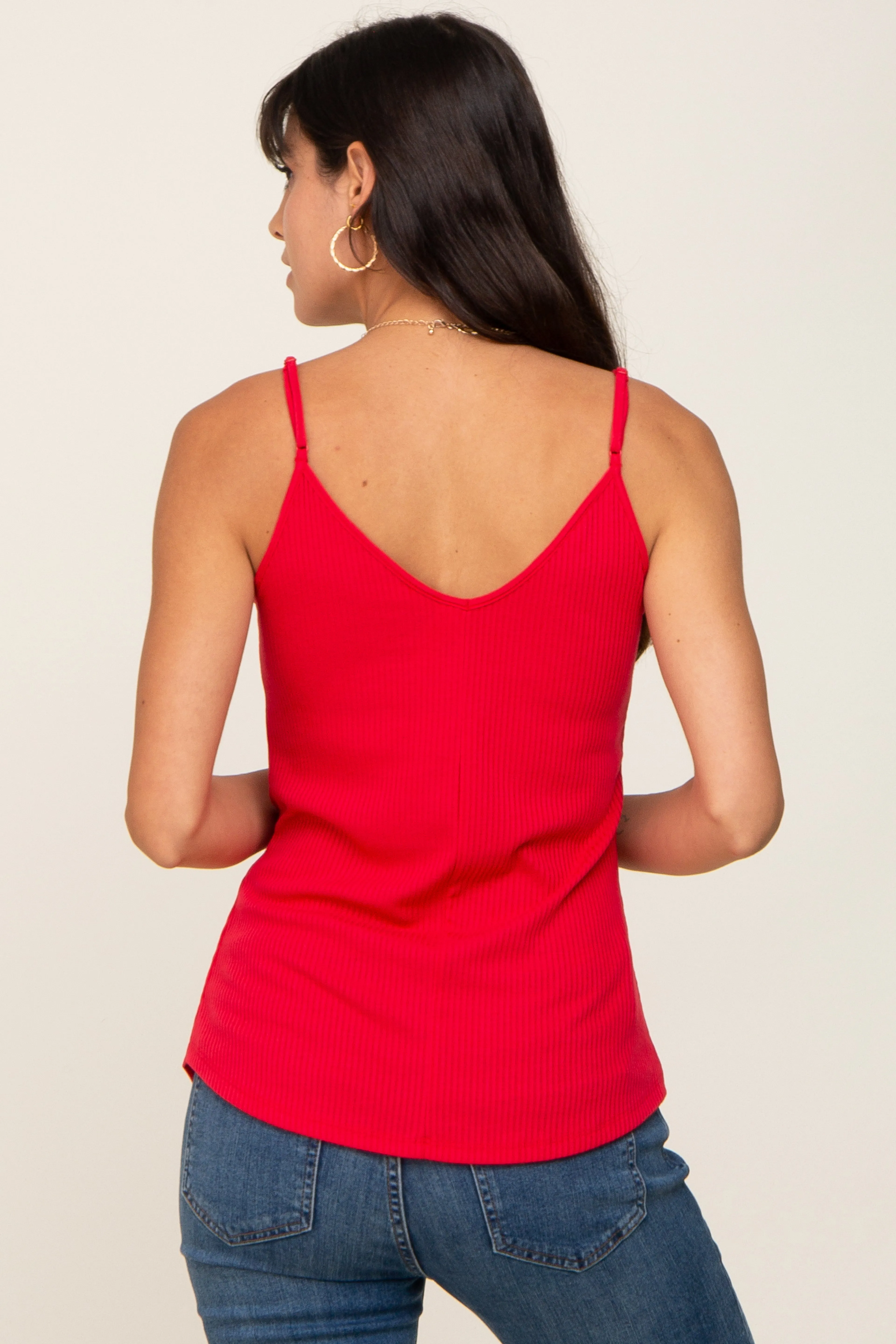 Red Ribbed Snap Button Cami