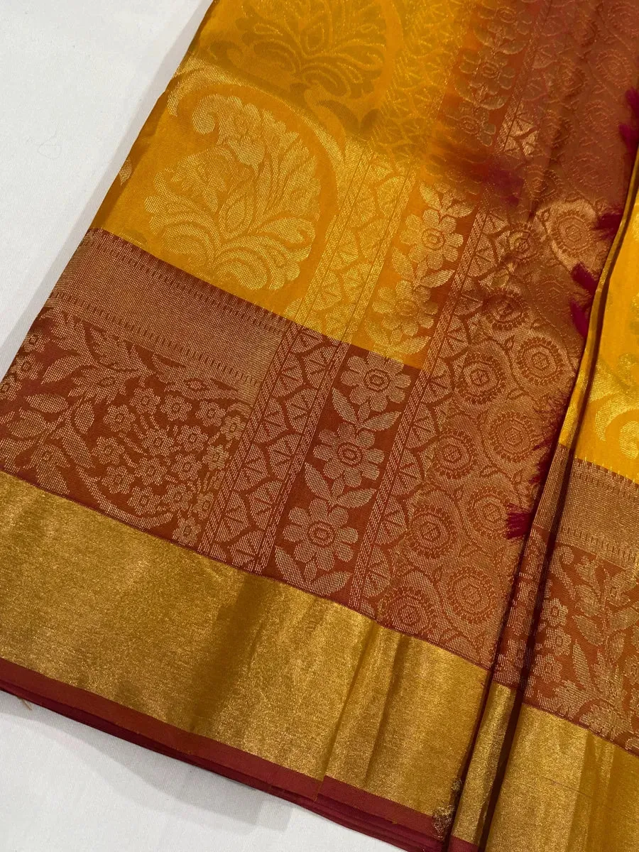 Royal Pure Kanjeevaram Brocade Yellow Floral Wedding Silk Saree - SILKMARK CERTIFIED