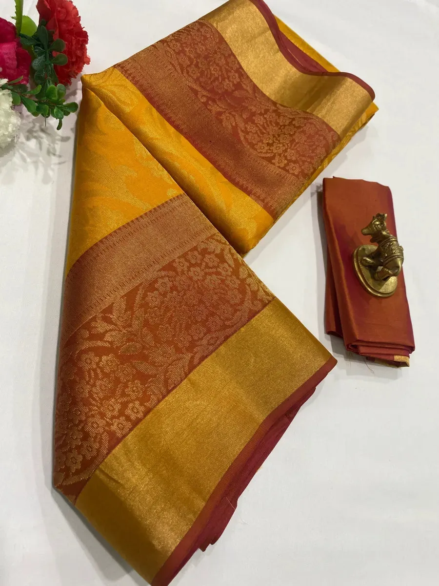 Royal Pure Kanjeevaram Brocade Yellow Floral Wedding Silk Saree - SILKMARK CERTIFIED