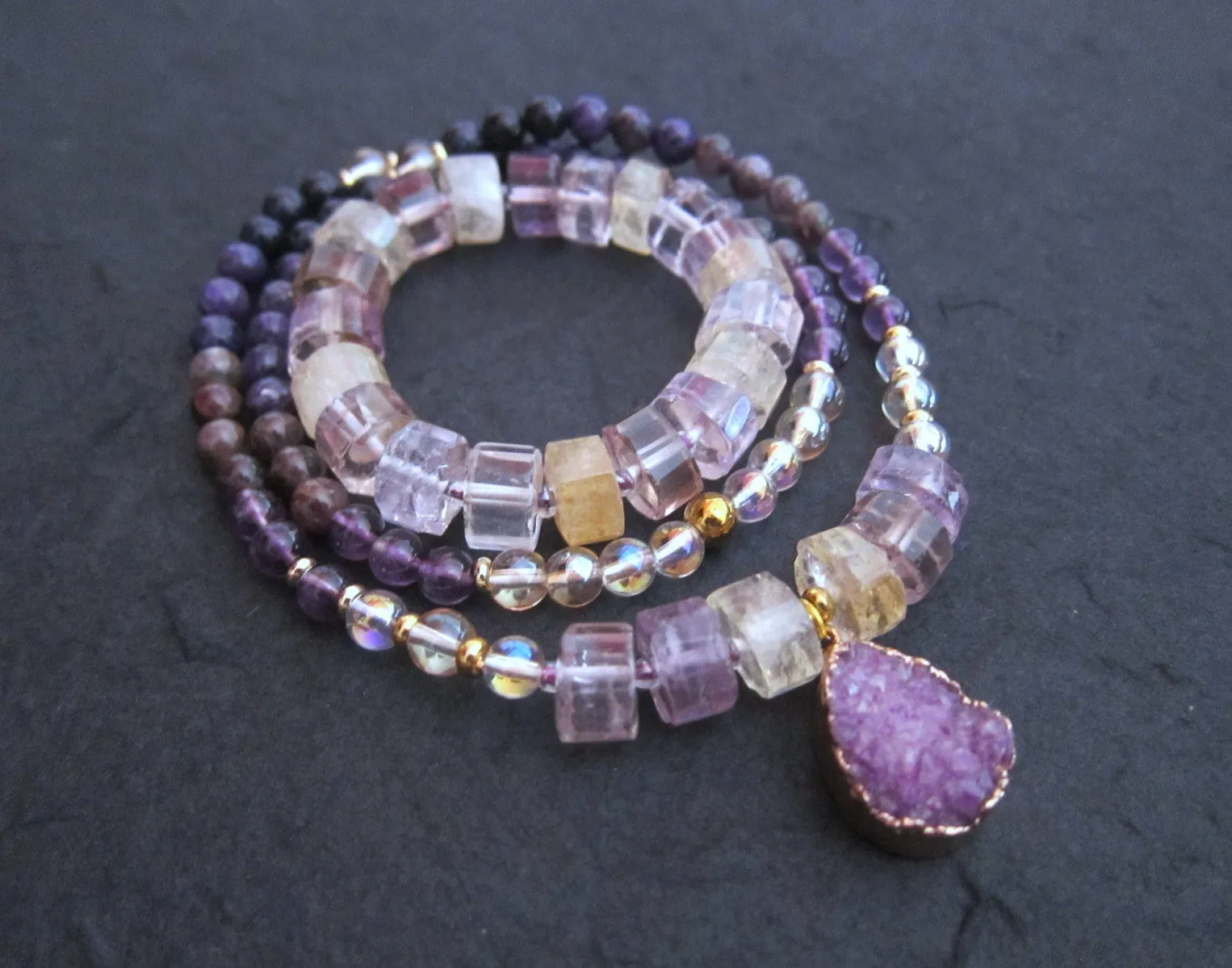 SALE - 2 pc set, Bohemian Charoite, Ametrine, Citrine Quartz, Druzy Pendant Beaded Necklace