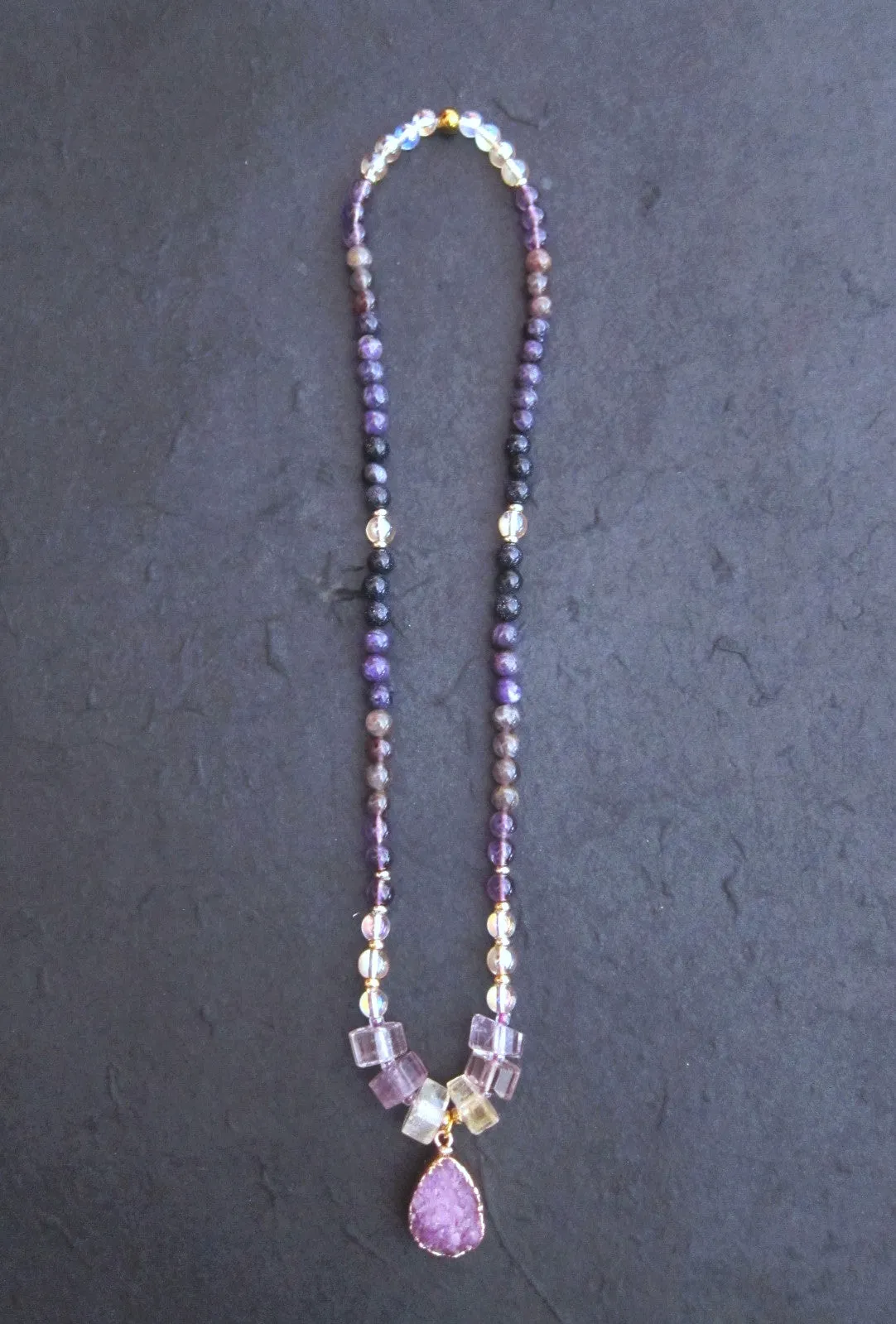 SALE - 2 pc set, Bohemian Charoite, Ametrine, Citrine Quartz, Druzy Pendant Beaded Necklace