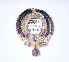 SALE - 2 pc set, Bohemian Charoite, Ametrine, Citrine Quartz, Druzy Pendant Beaded Necklace