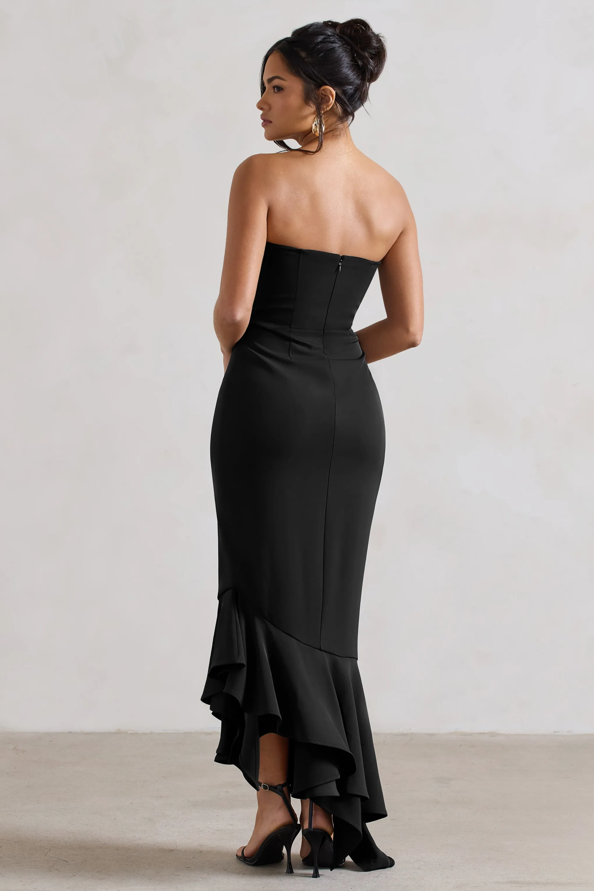 Sandy | Black Strapless Corset Asymmetric Maxi Dress