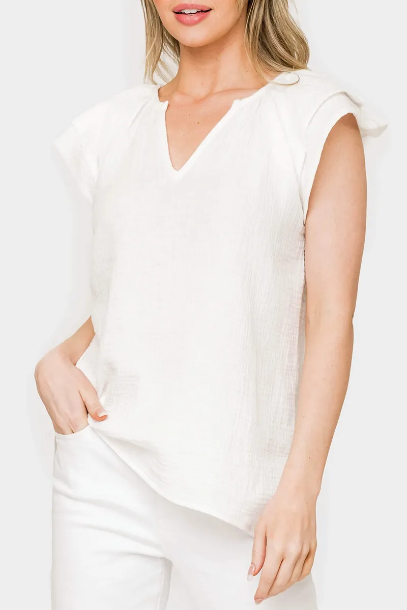 Seaside Flutter Sleeve V-Neck Gauze Top