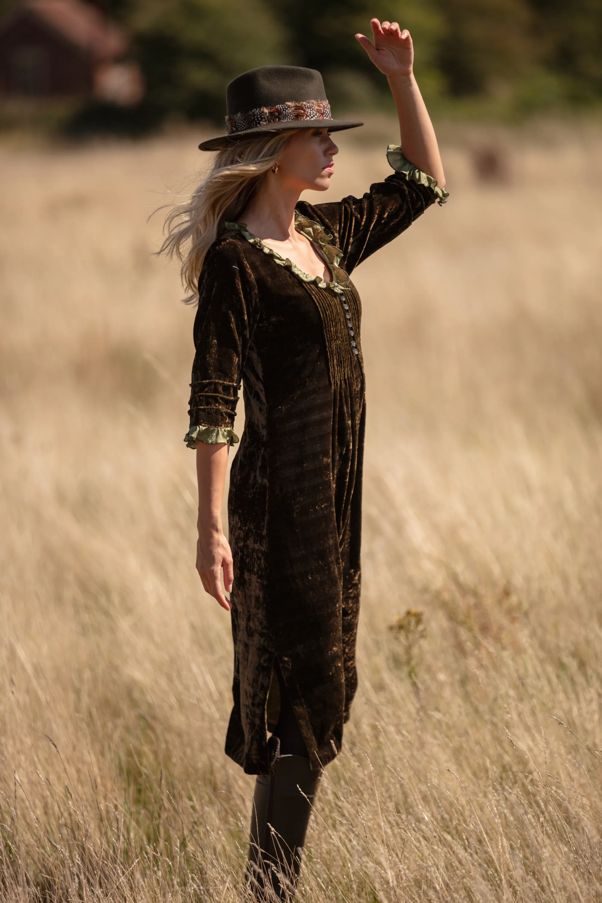 Silk Velvet Karen Dress in Olive Green