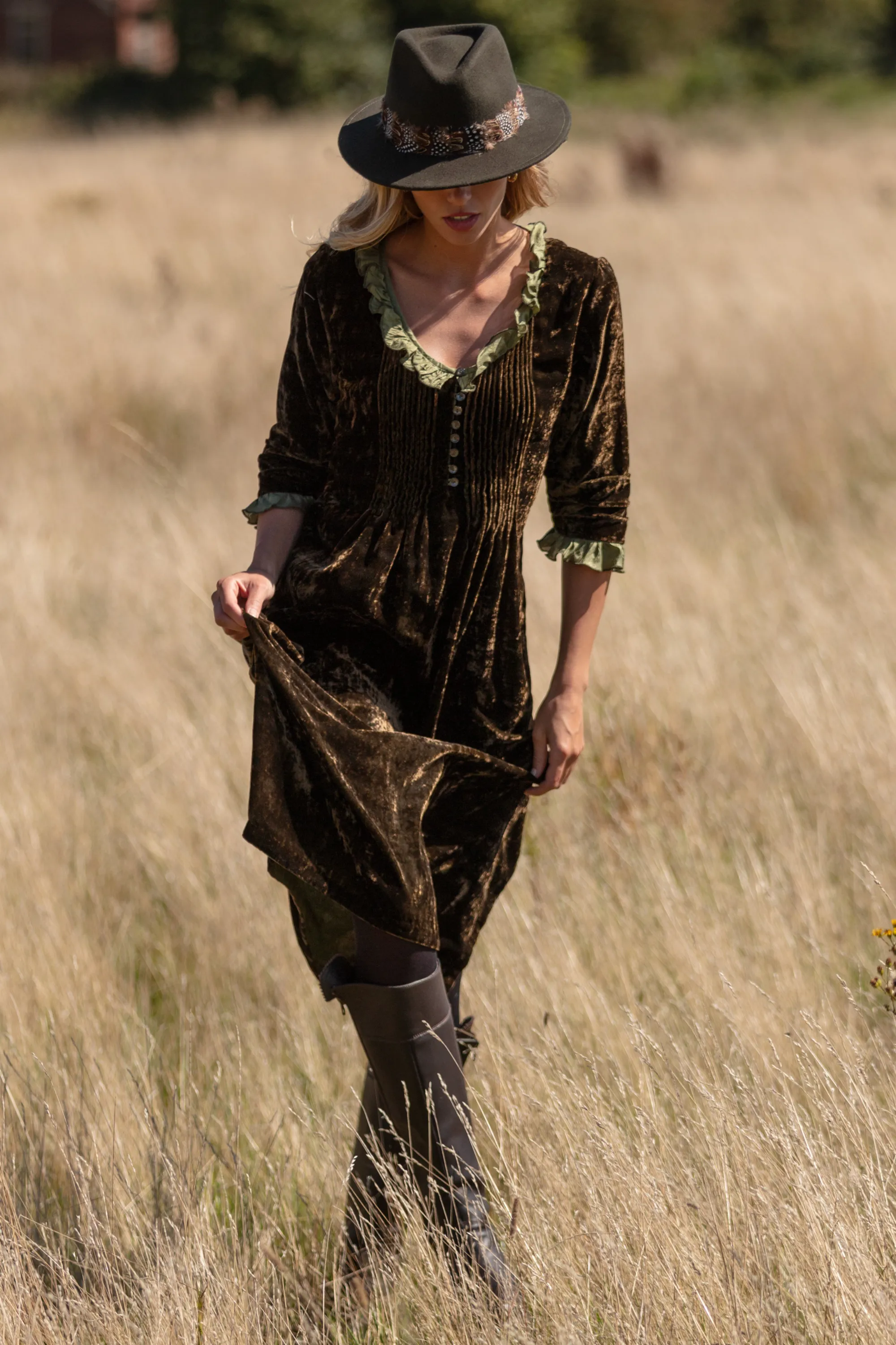 Silk Velvet Karen Dress in Olive Green