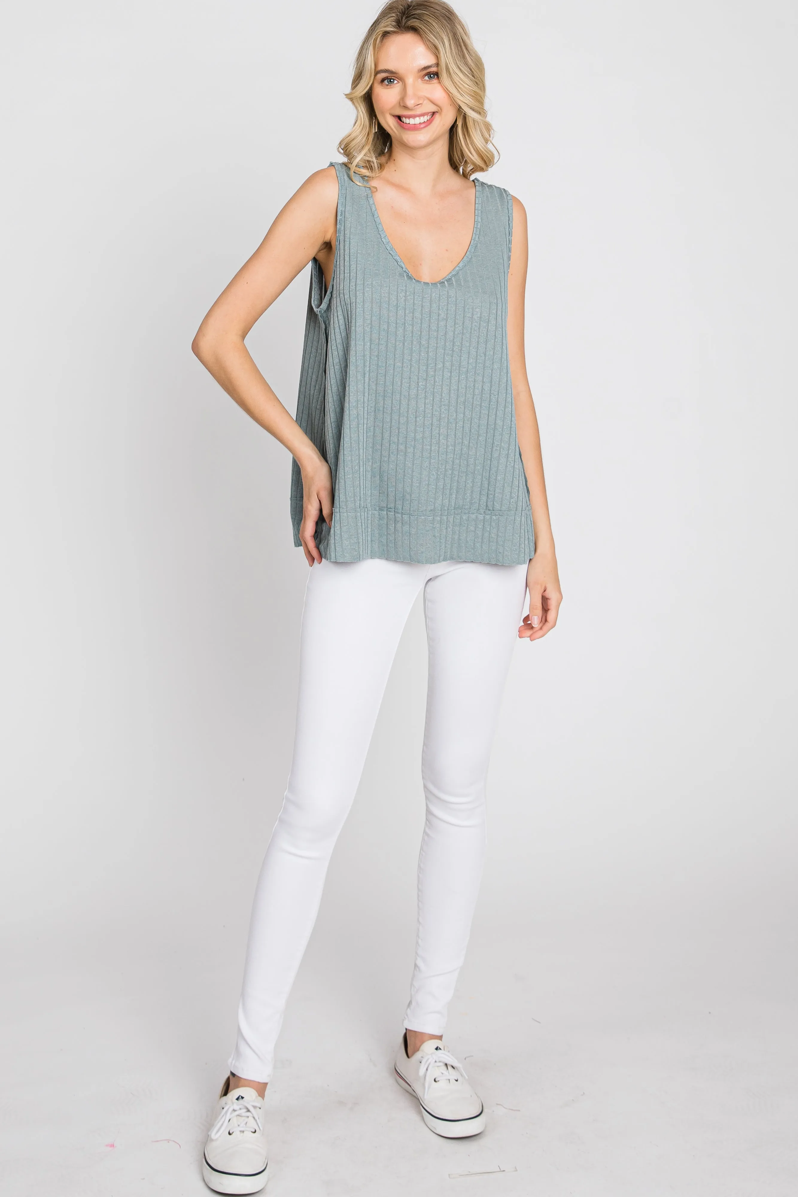 Slate Blue Ribbed Raw Hem Tank Top