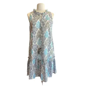 Sleeveless Navy & Turquoise Floral With Tassel Tie Neckline