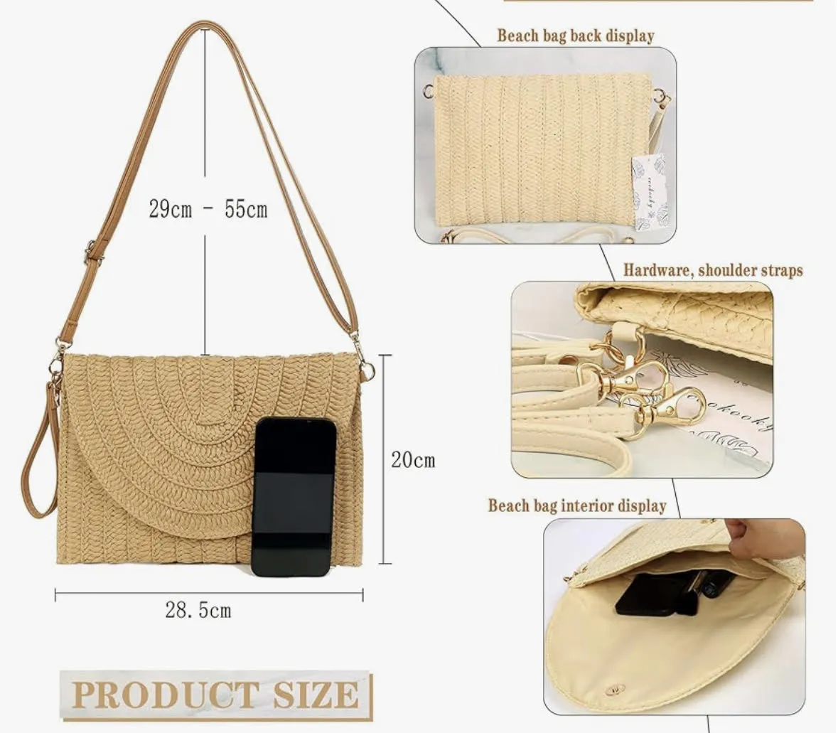 Straw Clutch with strap in natural