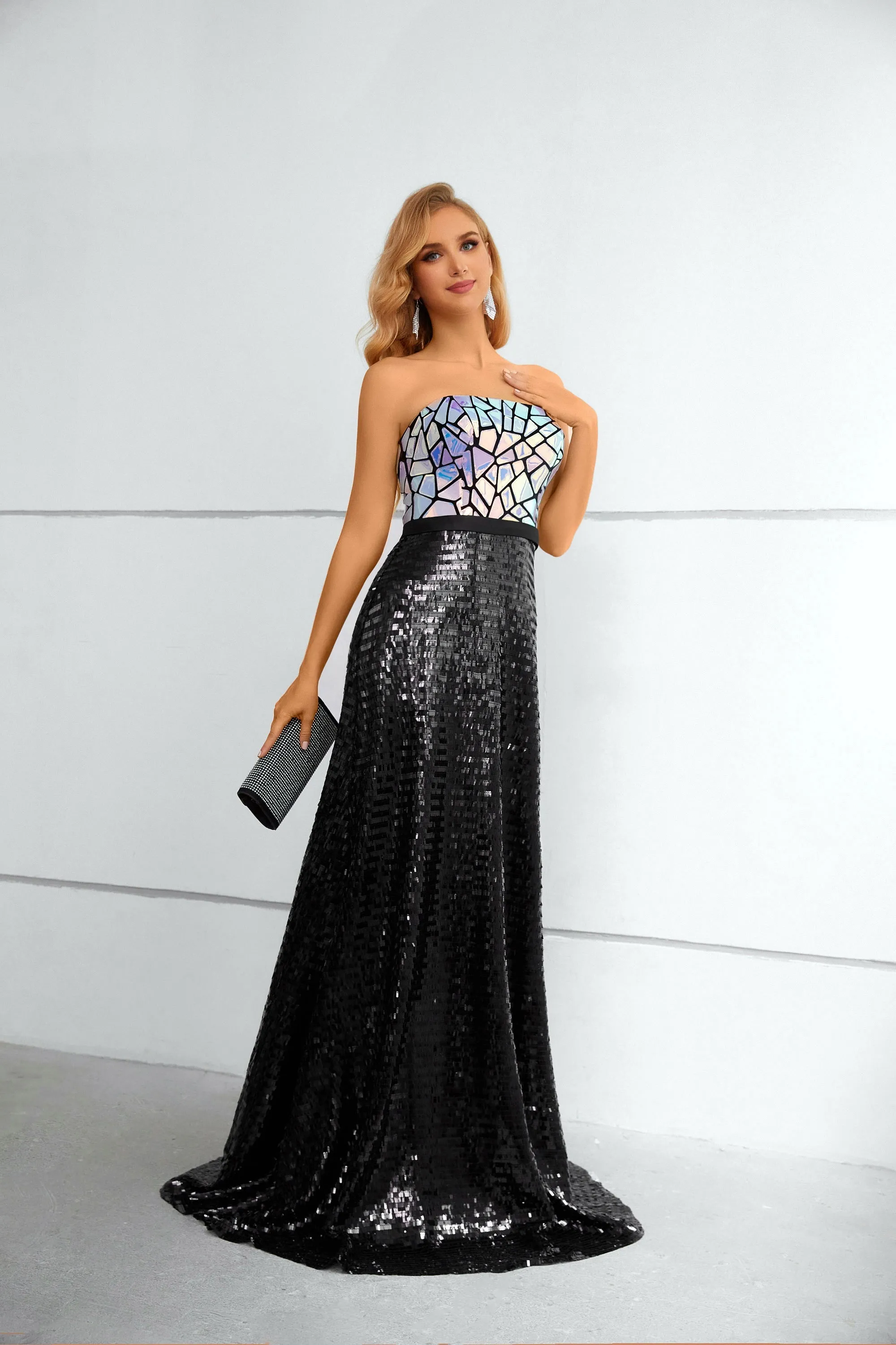 Stunning Black Strapless A Line Sequins Lace Prom Dresses