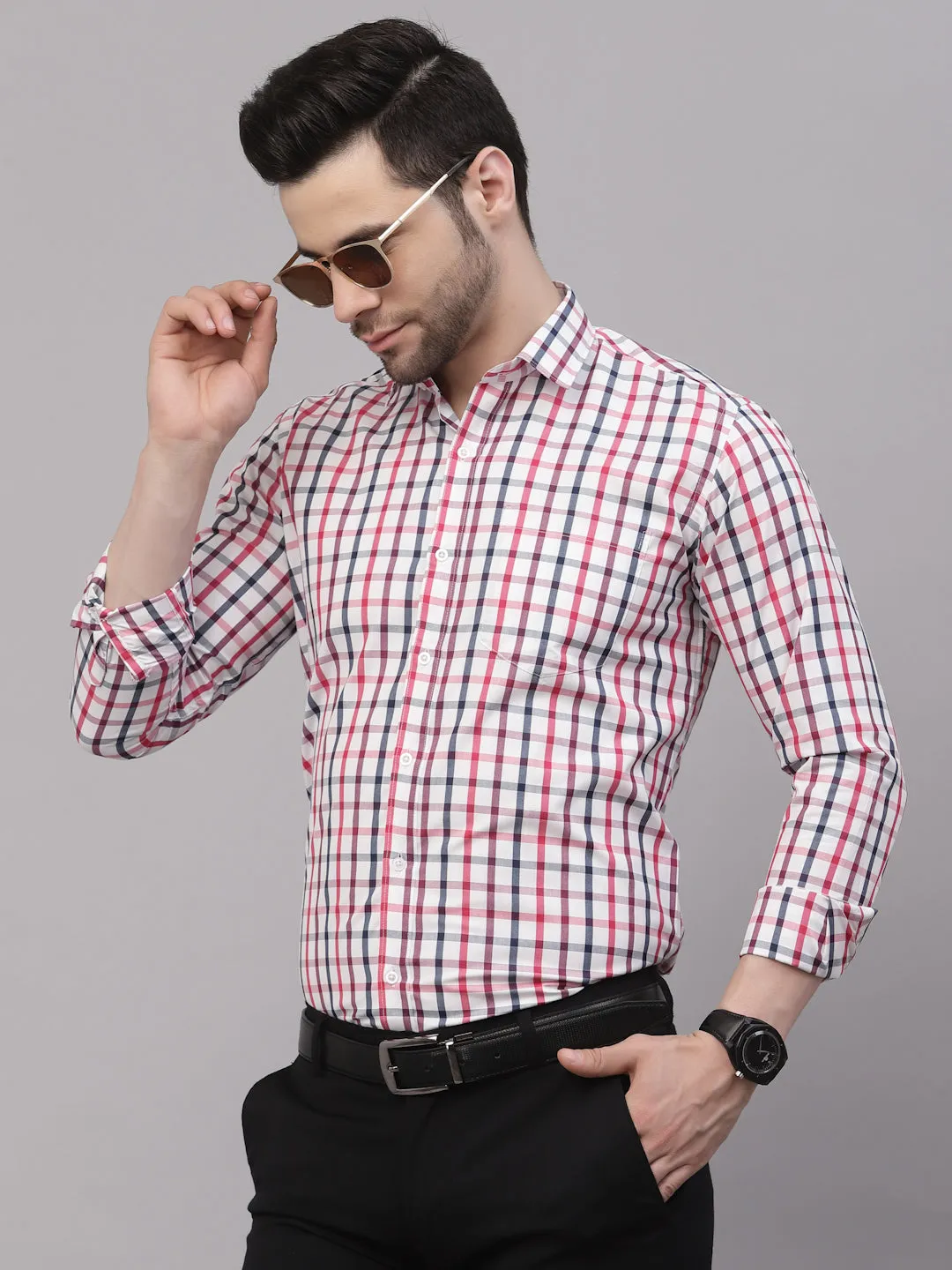 Style Quotient Men White And Maroon Checks Yarn Dyed PolyCotton Regular Formal Shirt