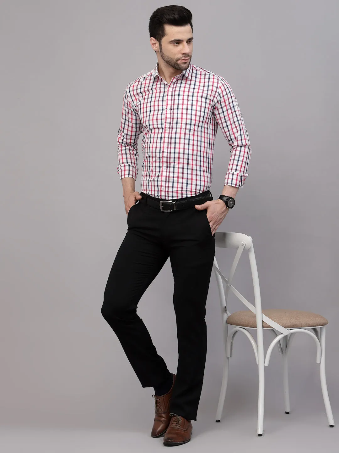 Style Quotient Men White And Maroon Checks Yarn Dyed PolyCotton Regular Formal Shirt