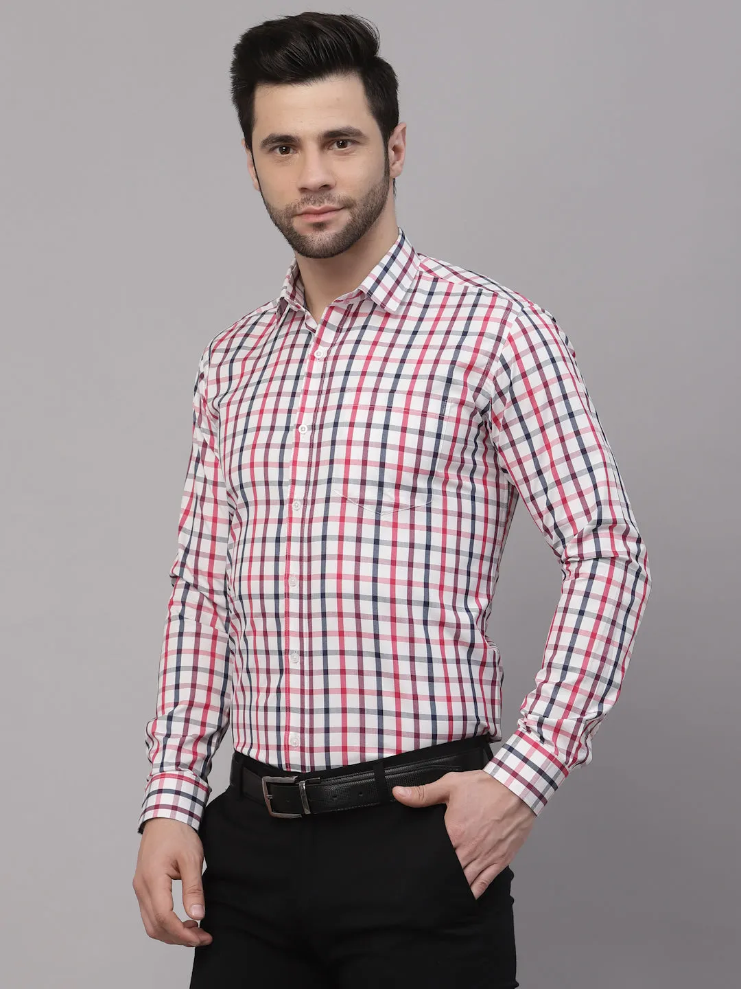 Style Quotient Men White And Maroon Checks Yarn Dyed PolyCotton Regular Formal Shirt