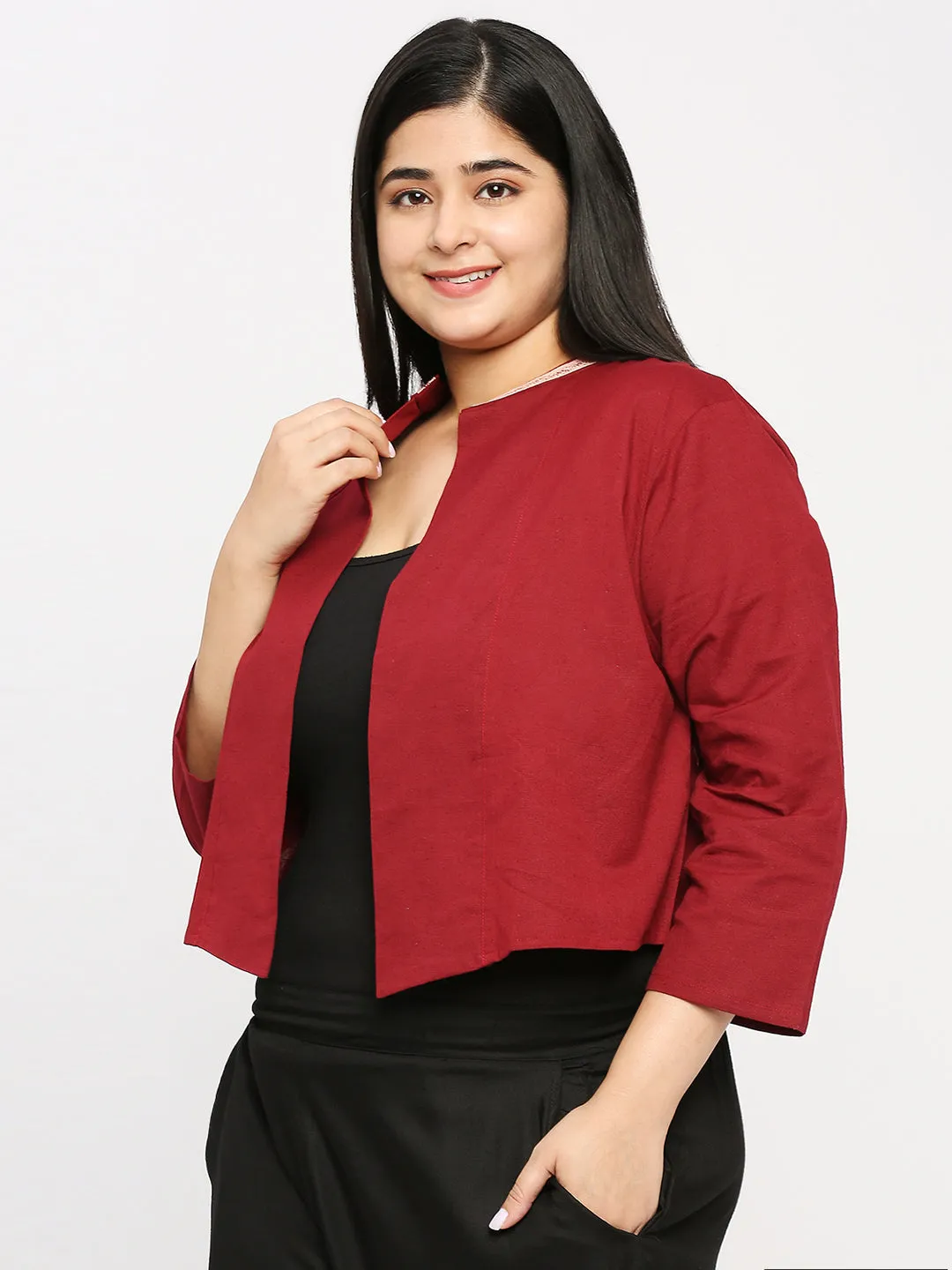 Style Quotient Plus Women Solid Wine Cotton Smart Casual Crop Shrug