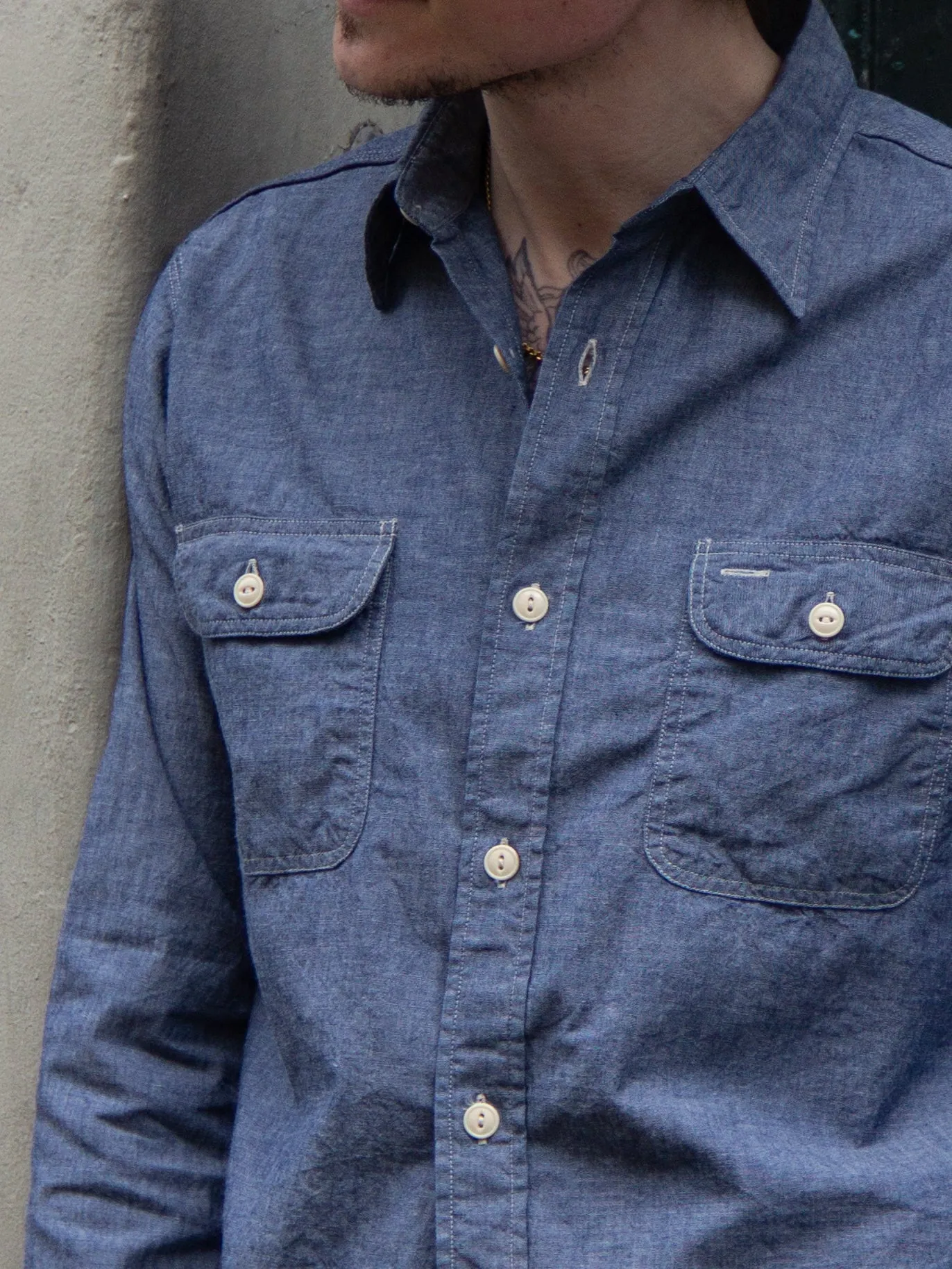 Sugar Cane, L/S Work Shirt, Blue Chambray