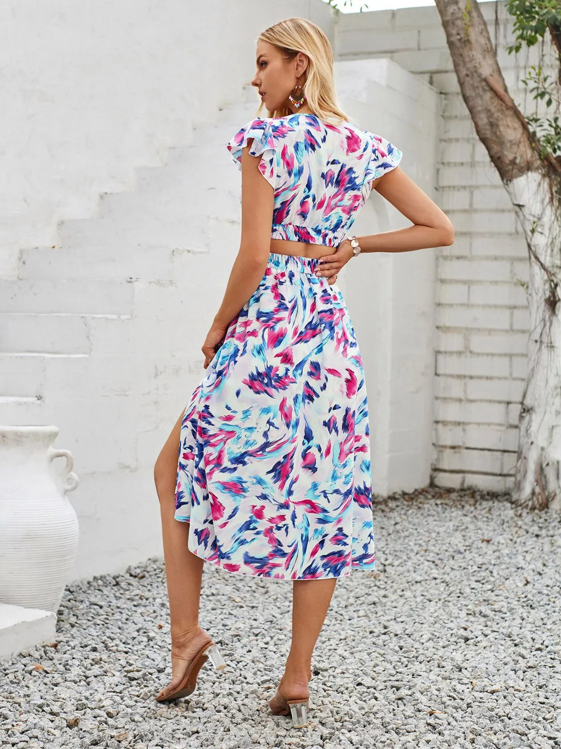 Sunset Vacation Cutout Slit Printed Cap Sleeve Dress