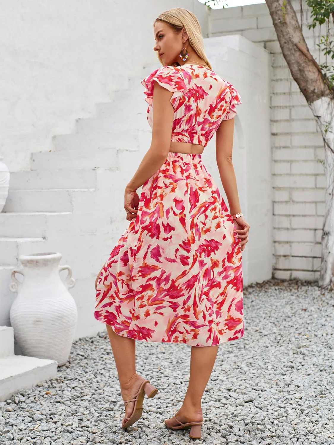 Sunset Vacation Cutout Slit Printed Cap Sleeve Dress