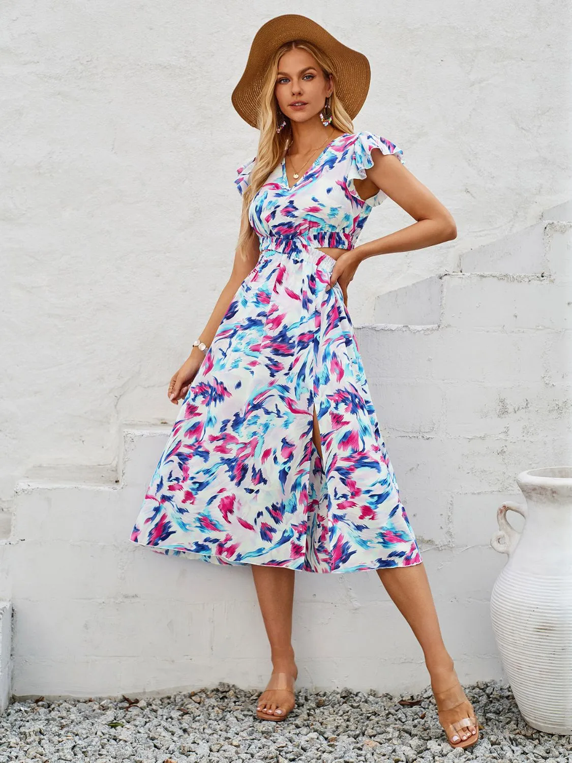 Sunset Vacation Cutout Slit Printed Cap Sleeve Dress