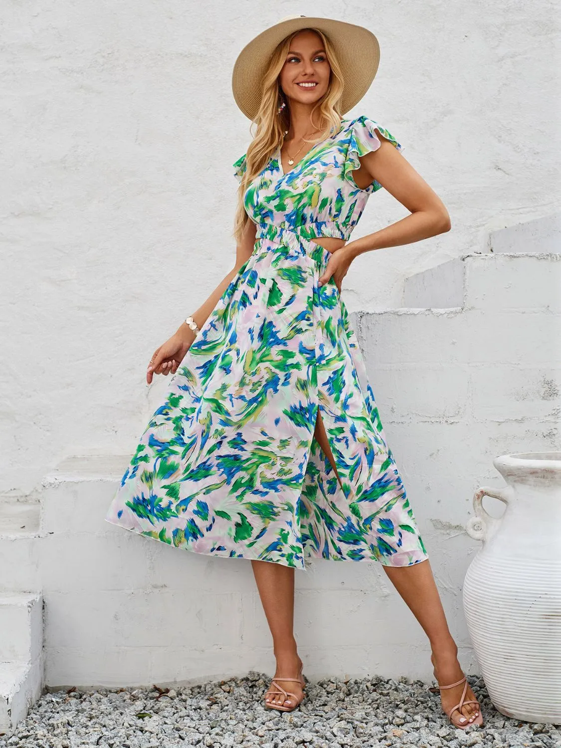 Sunset Vacation Cutout Slit Printed Cap Sleeve Dress