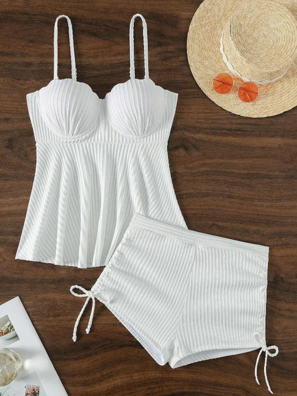 Sunset Vacation  Textured Drawstring Spaghetti Strap Two-Piece Swim Set