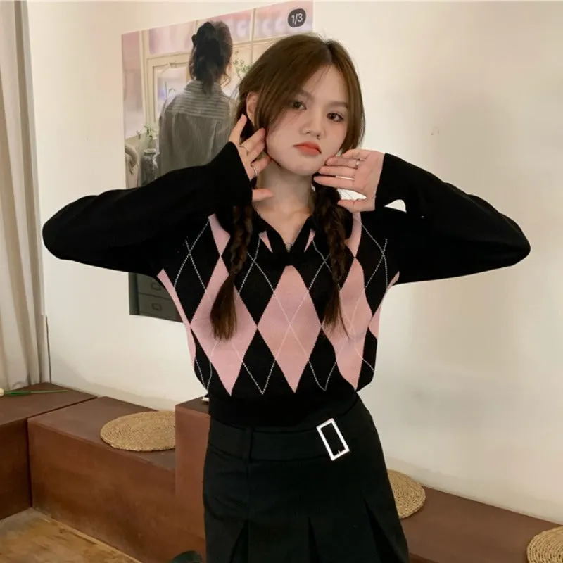 Sweater With Argyle Pattern And Turn-Down Collar