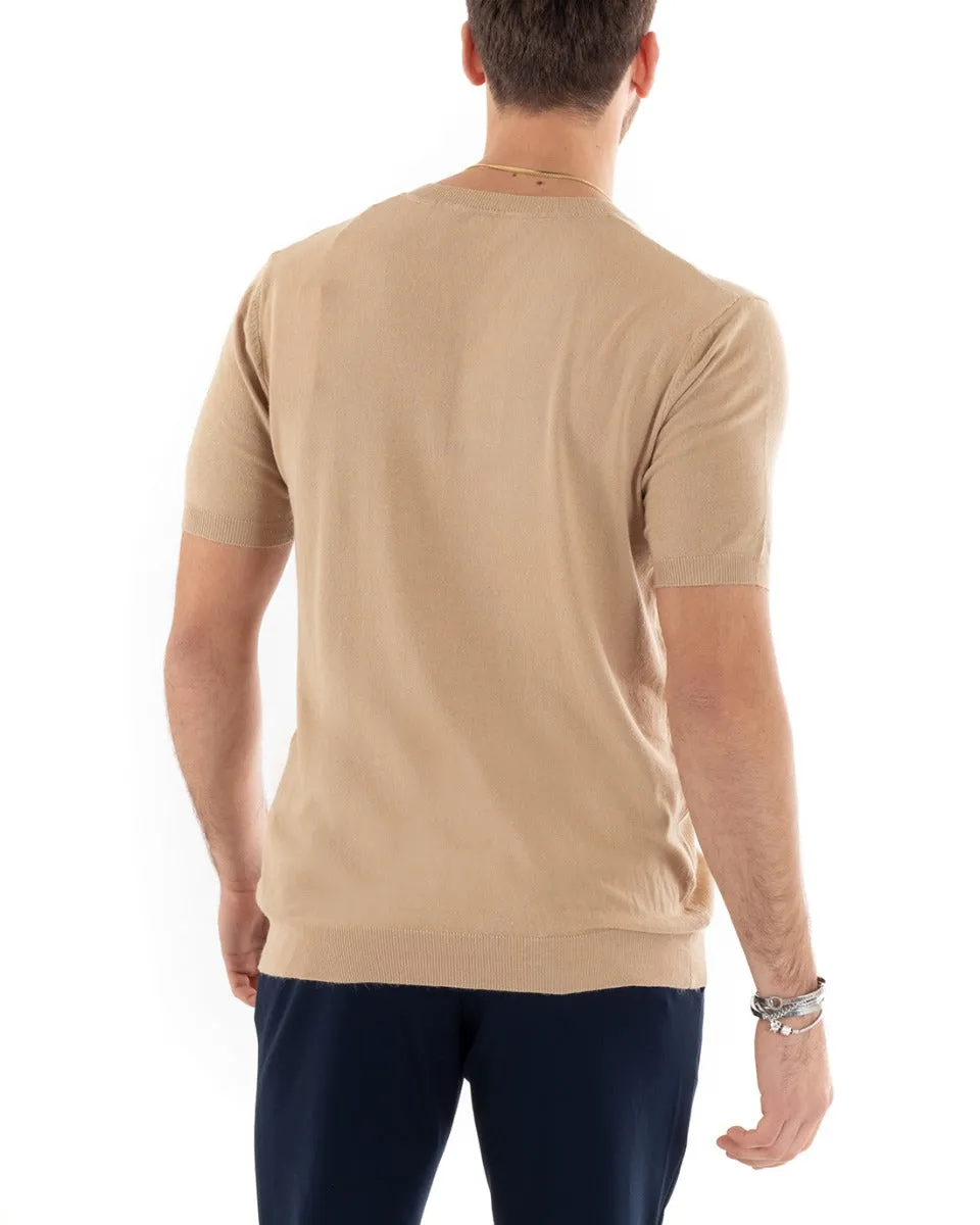 T-shirt Uomo Filo Manica Corta Tinta Unita Camel Scollo a V Casual GIOSAL-TS2870A