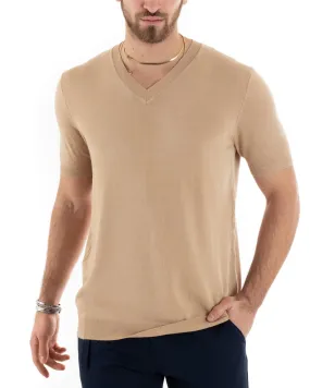 T-shirt Uomo Filo Manica Corta Tinta Unita Camel Scollo a V Casual GIOSAL-TS2870A