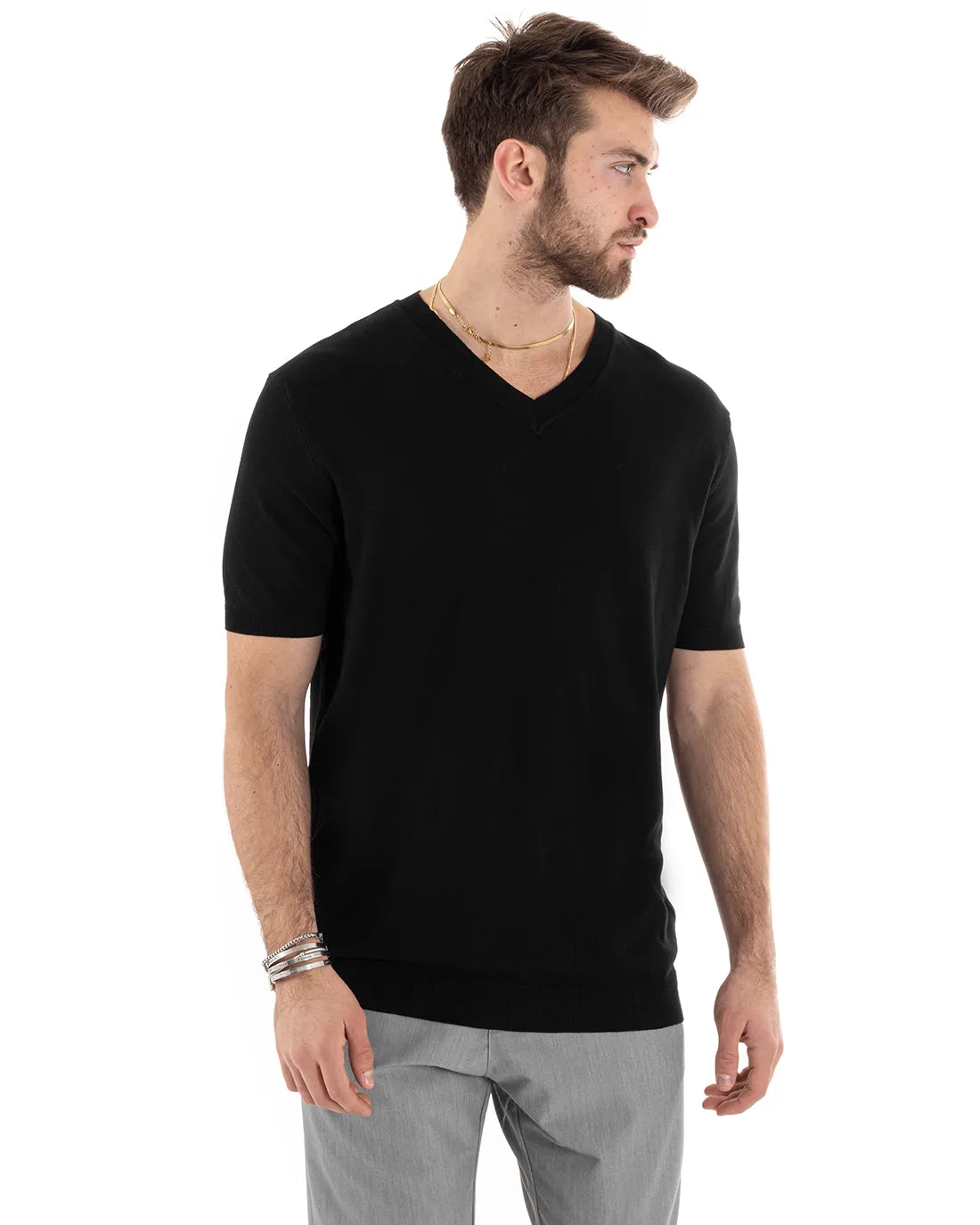 T-shirt Uomo Filo Manica Corta Tinta Unita Nero Scollo a V Casual GIOSAL-TS2869A