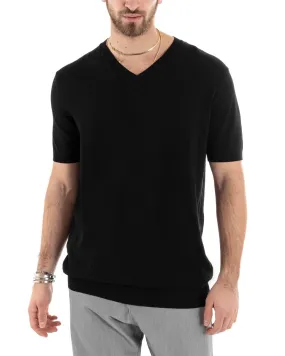 T-shirt Uomo Filo Manica Corta Tinta Unita Nero Scollo a V Casual GIOSAL-TS2869A