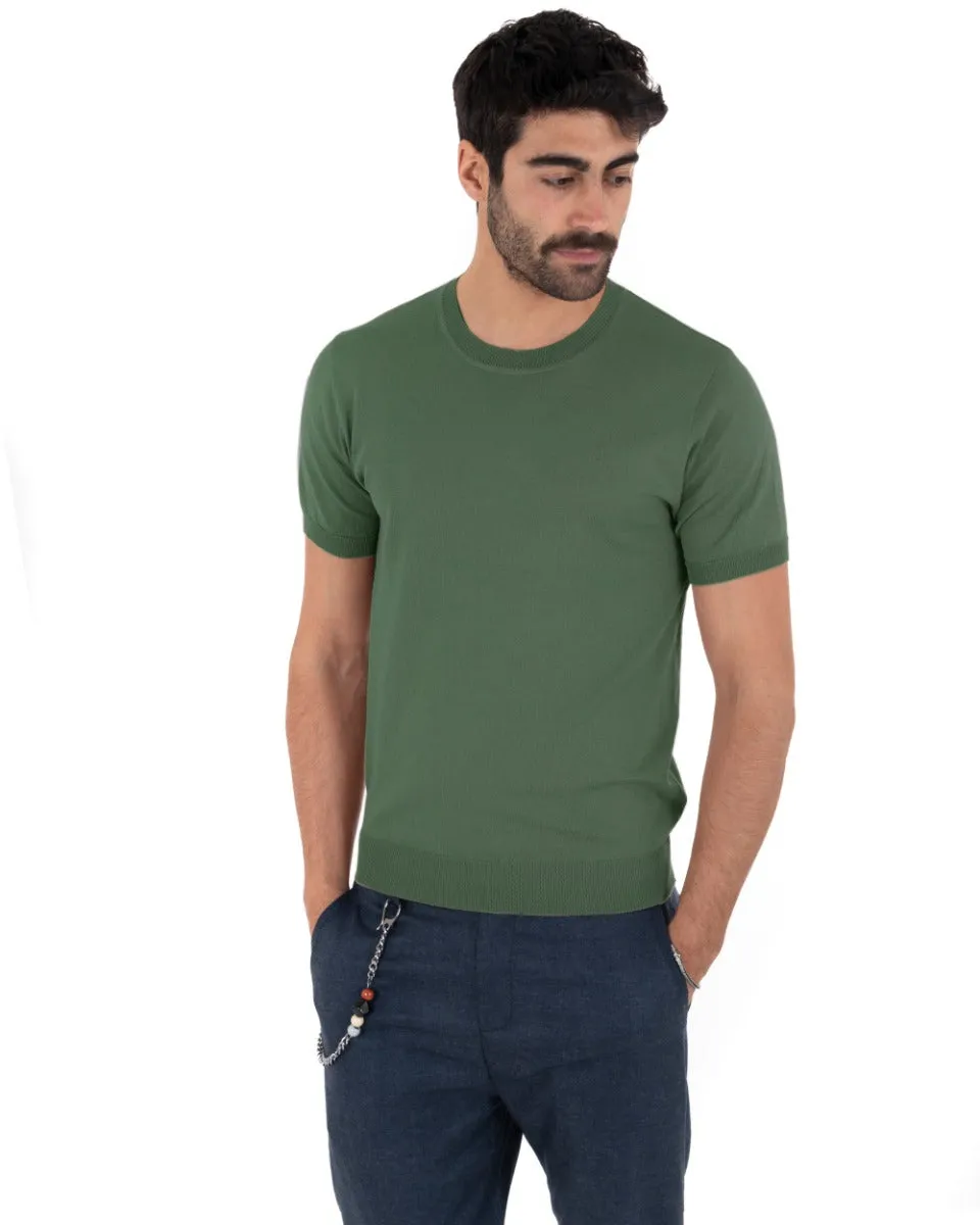 T-Shirt Uomo Manica Corta Tinta Unita Verde Militare Girocollo Filo Casual GIOSAL-TS2776A