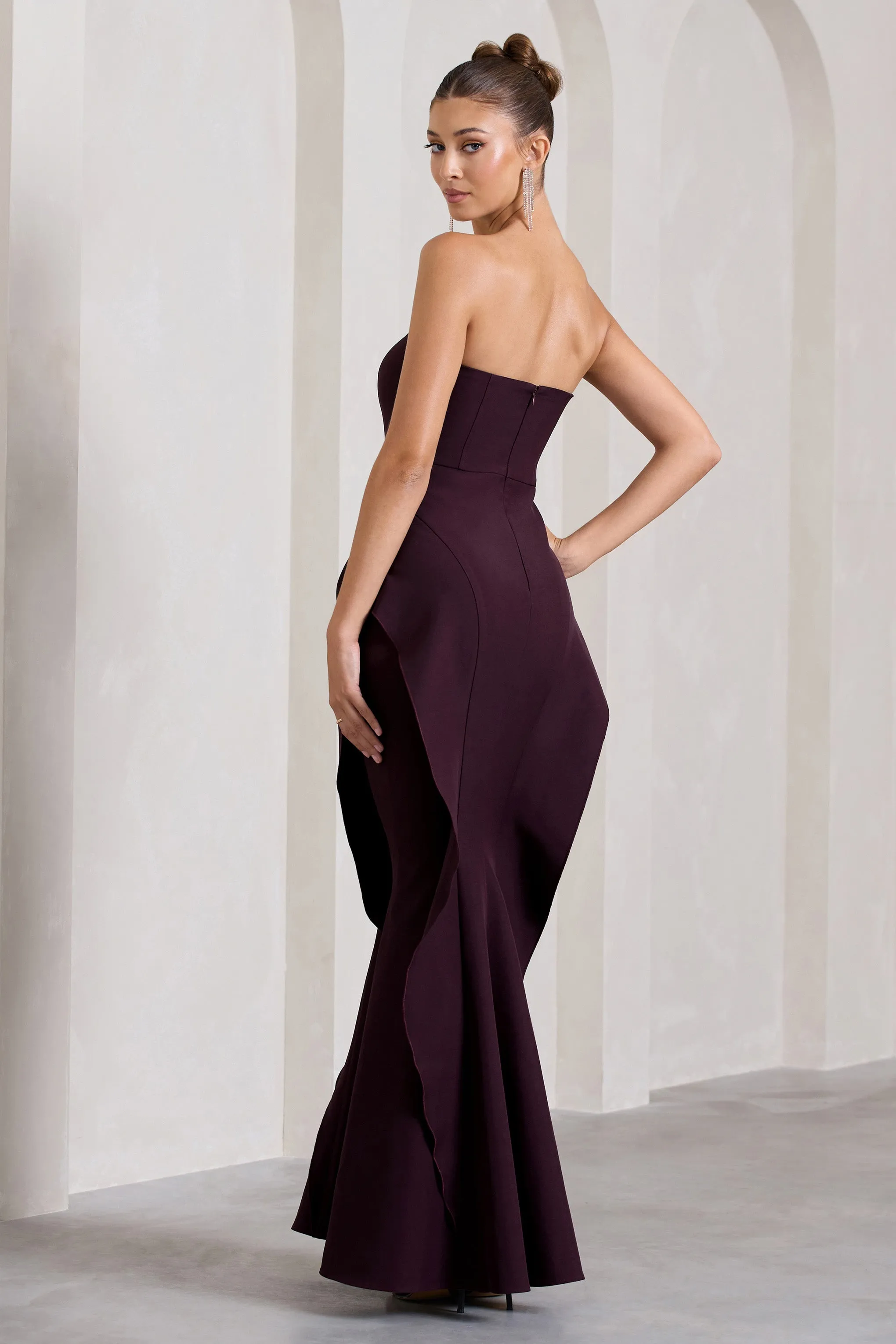 The Real Thing | Plum Strapless Draped Fishtail Maxi Dress