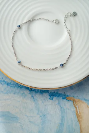 Tiny Stationed Evil Eye Sterling Silver Chain Bracelet