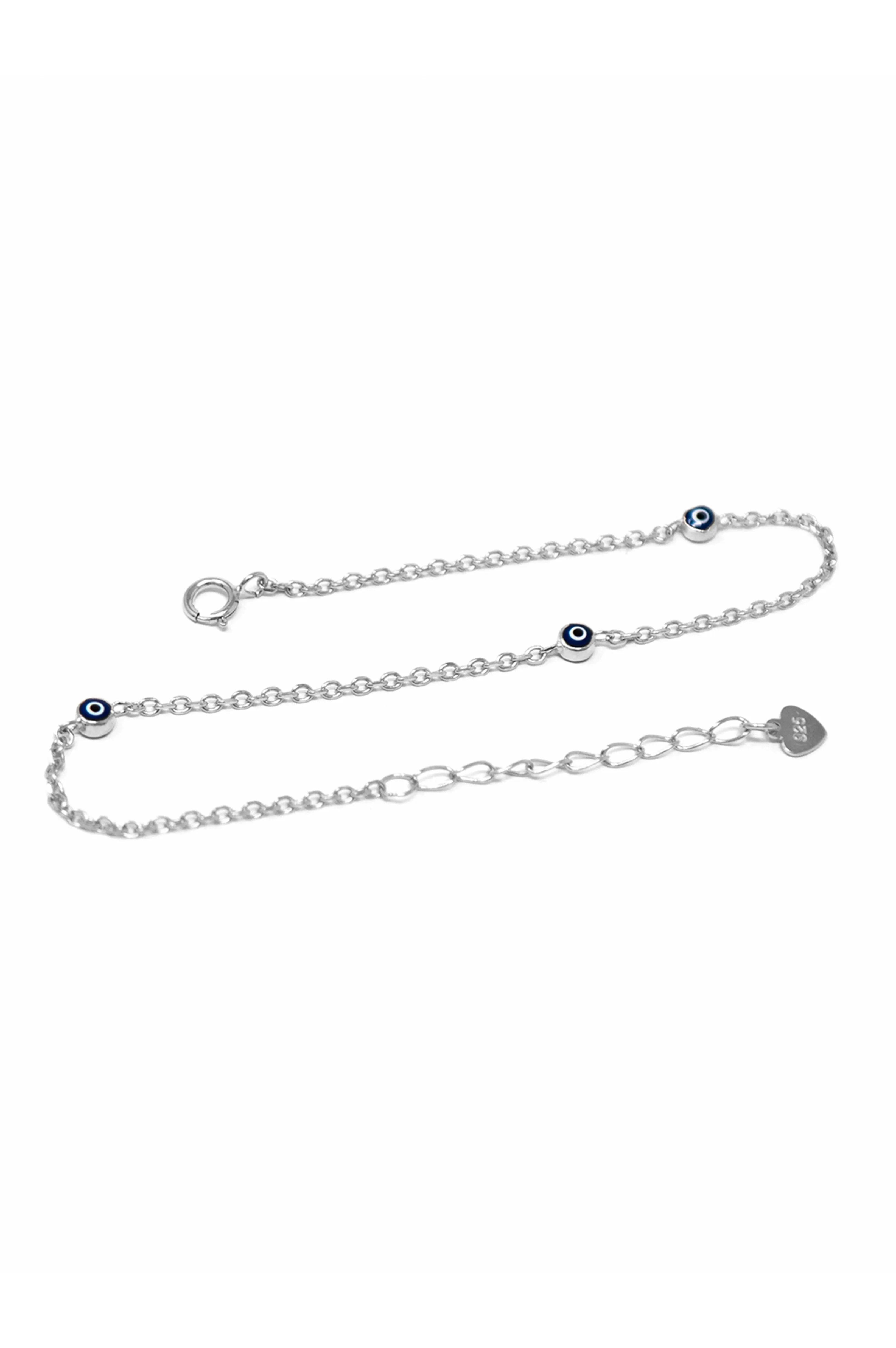 Tiny Stationed Evil Eye Sterling Silver Chain Bracelet