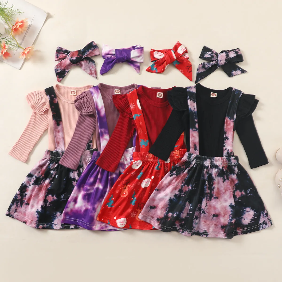 Toddler Girls Solid Color Knit Short-sleeved Top Floral Print Straps Skirt Set