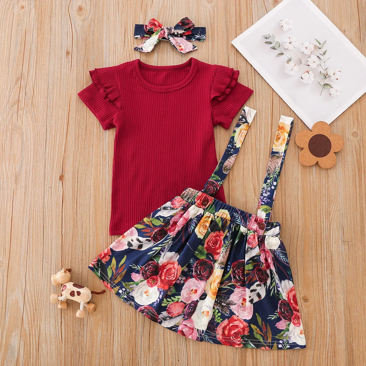 Toddler Girls Solid Color Knit Short-sleeved Top Floral Print Straps Skirt Set