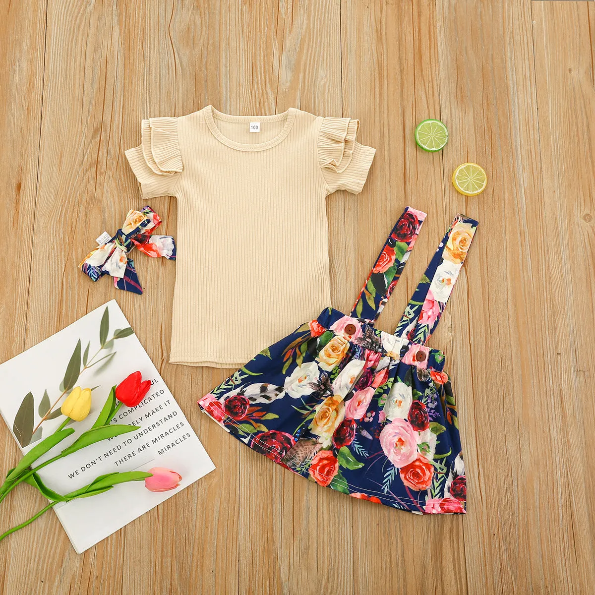 Toddler Girls Solid Color Knit Short-sleeved Top Floral Print Straps Skirt Set