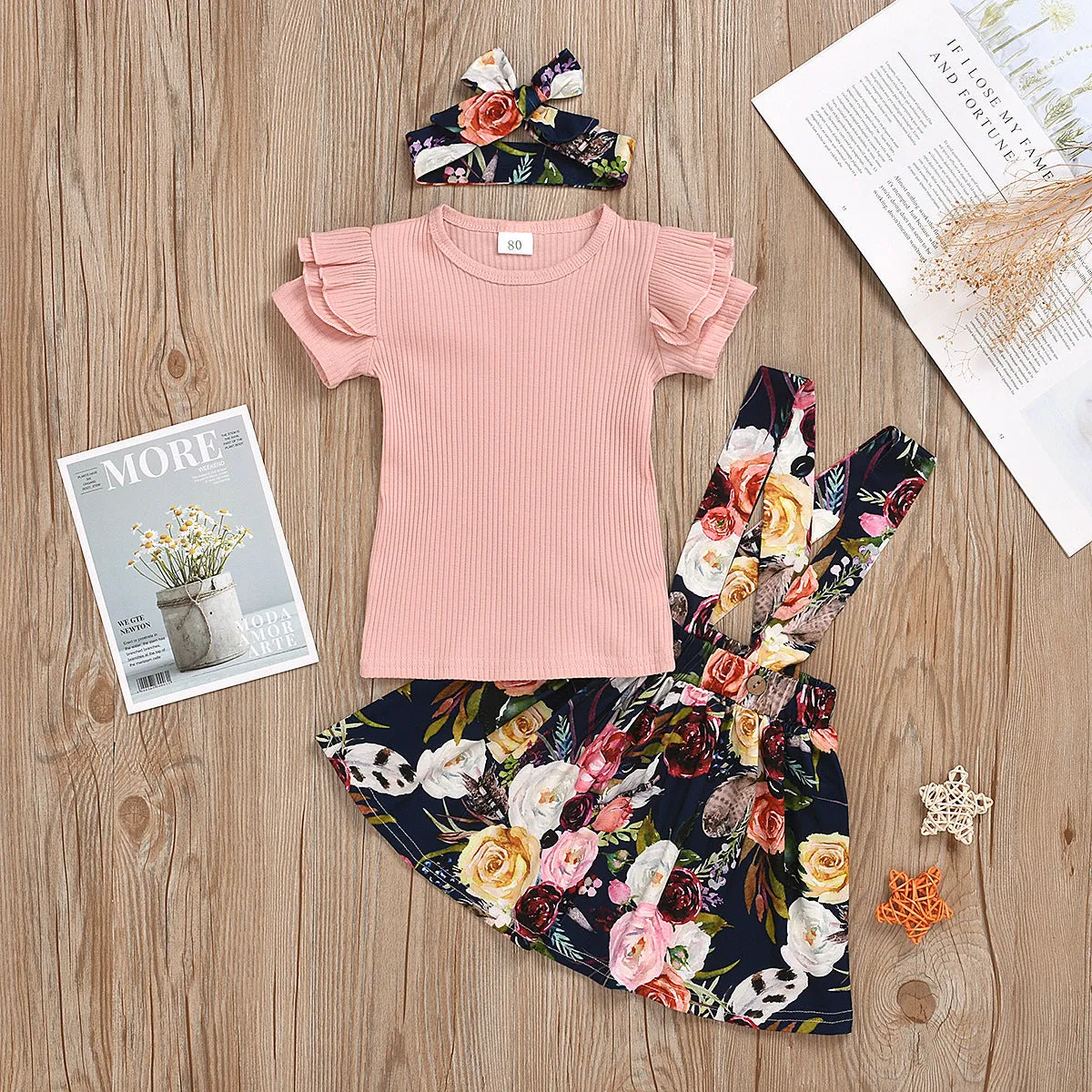 Toddler Girls Solid Color Knit Short-sleeved Top Floral Print Straps Skirt Set