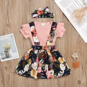 Toddler Girls Solid Color Knit Short-sleeved Top Floral Print Straps Skirt Set