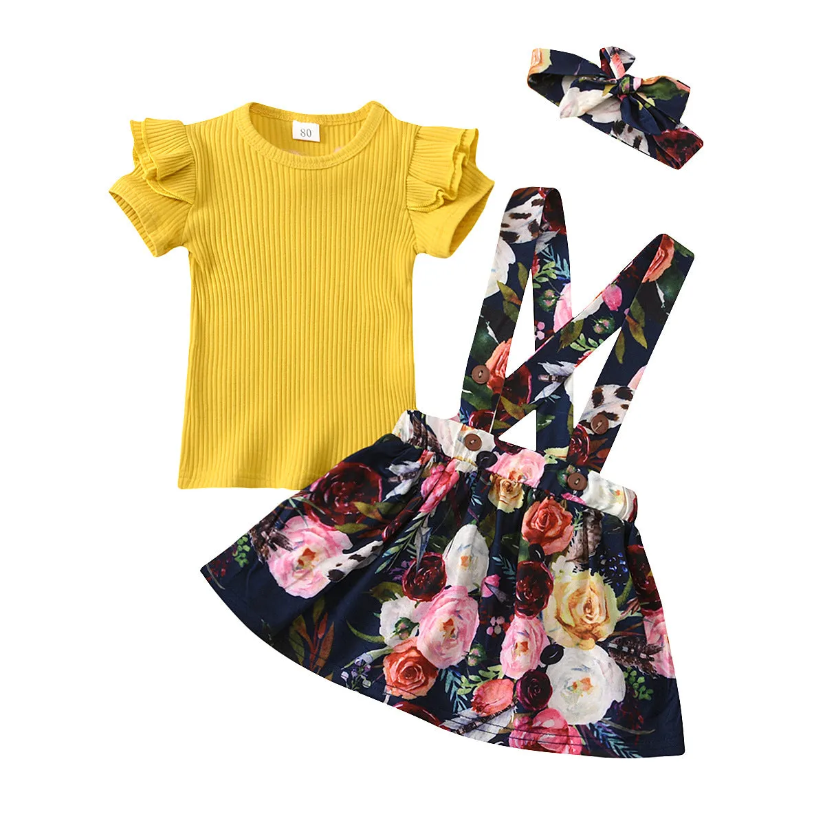 Toddler Girls Solid Color Knit Short-sleeved Top Floral Print Straps Skirt Set