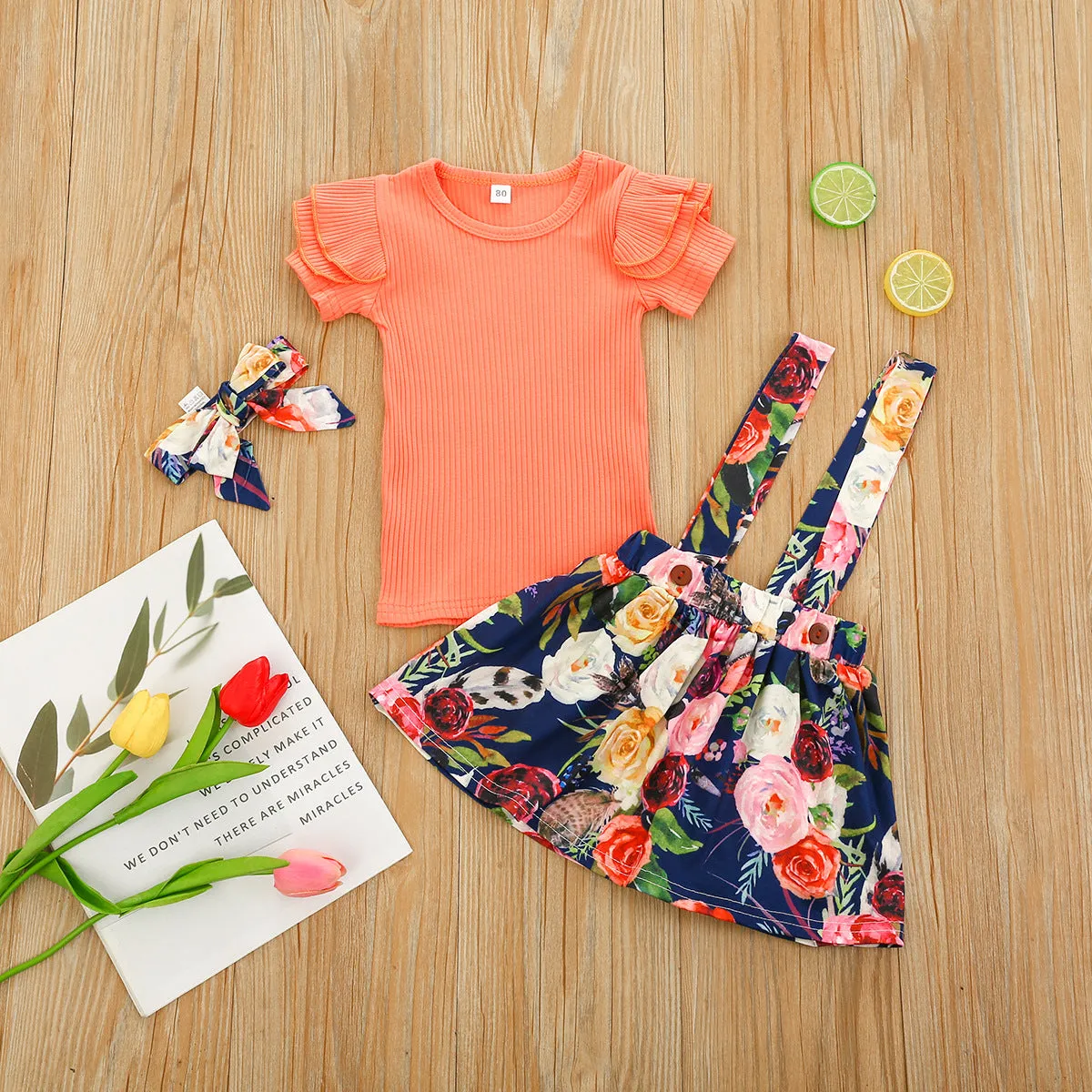 Toddler Girls Solid Color Knit Short-sleeved Top Floral Print Straps Skirt Set