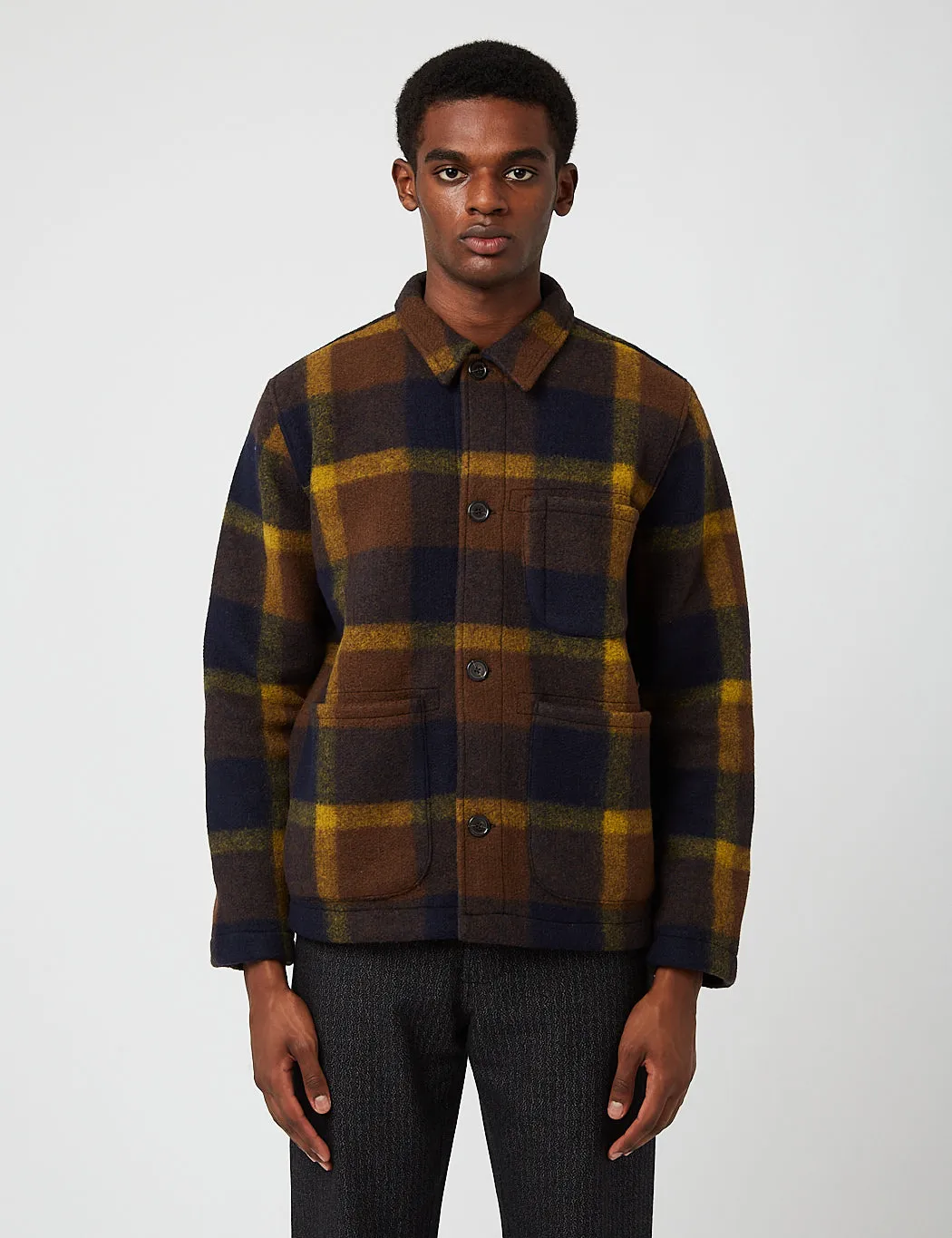 Universal Works Field Jacket (Large Plaid Fleece) - Navy Blue/Yellow