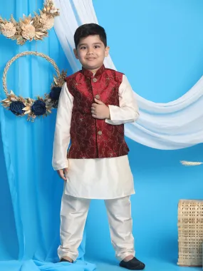 Vastramay Boy's Maroon Nehru Jacket With Cream Kurta And Pyjama Set