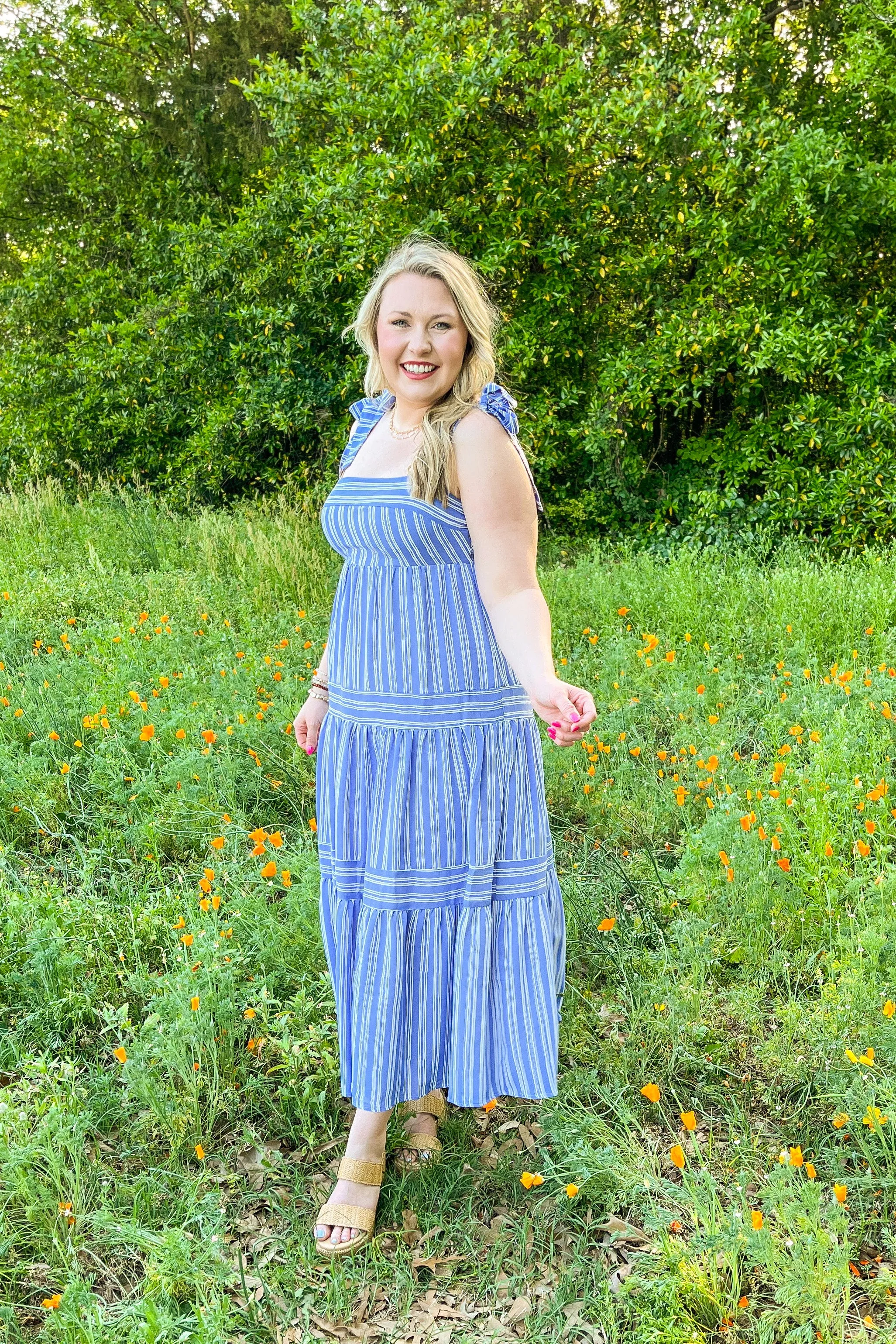 Walking By You Striped Midi Dress, Blue/White