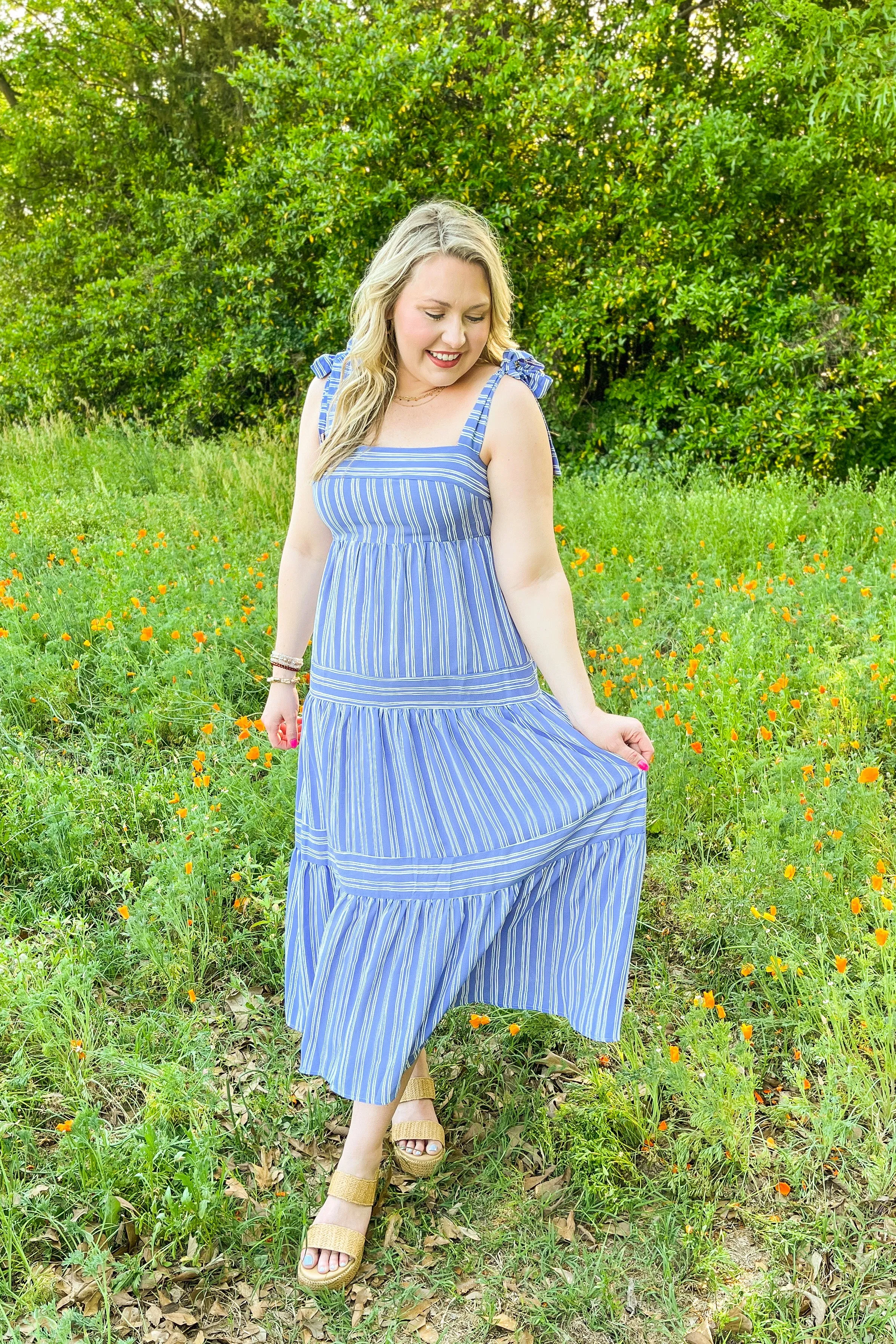 Walking By You Striped Midi Dress, Blue/White